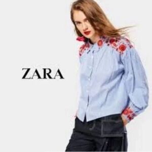 Zara Trafaluc Collection blue white stripe button down red embroidered western S